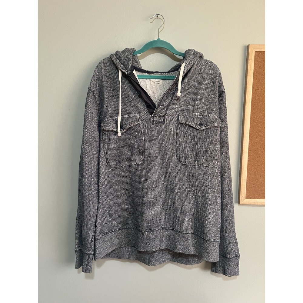 J. Crew Hoodie Quarter Button Men XL Pockets Blue White